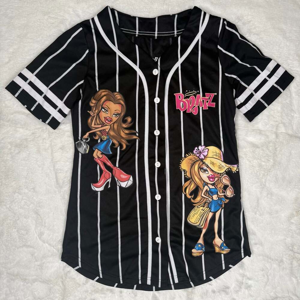 Bratz Black & White Pinstripe Button-Down Baseball Jersey Shirt